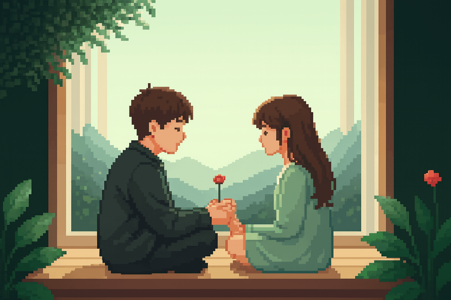 Pixel art illustration of a couple sitting opposite each other.